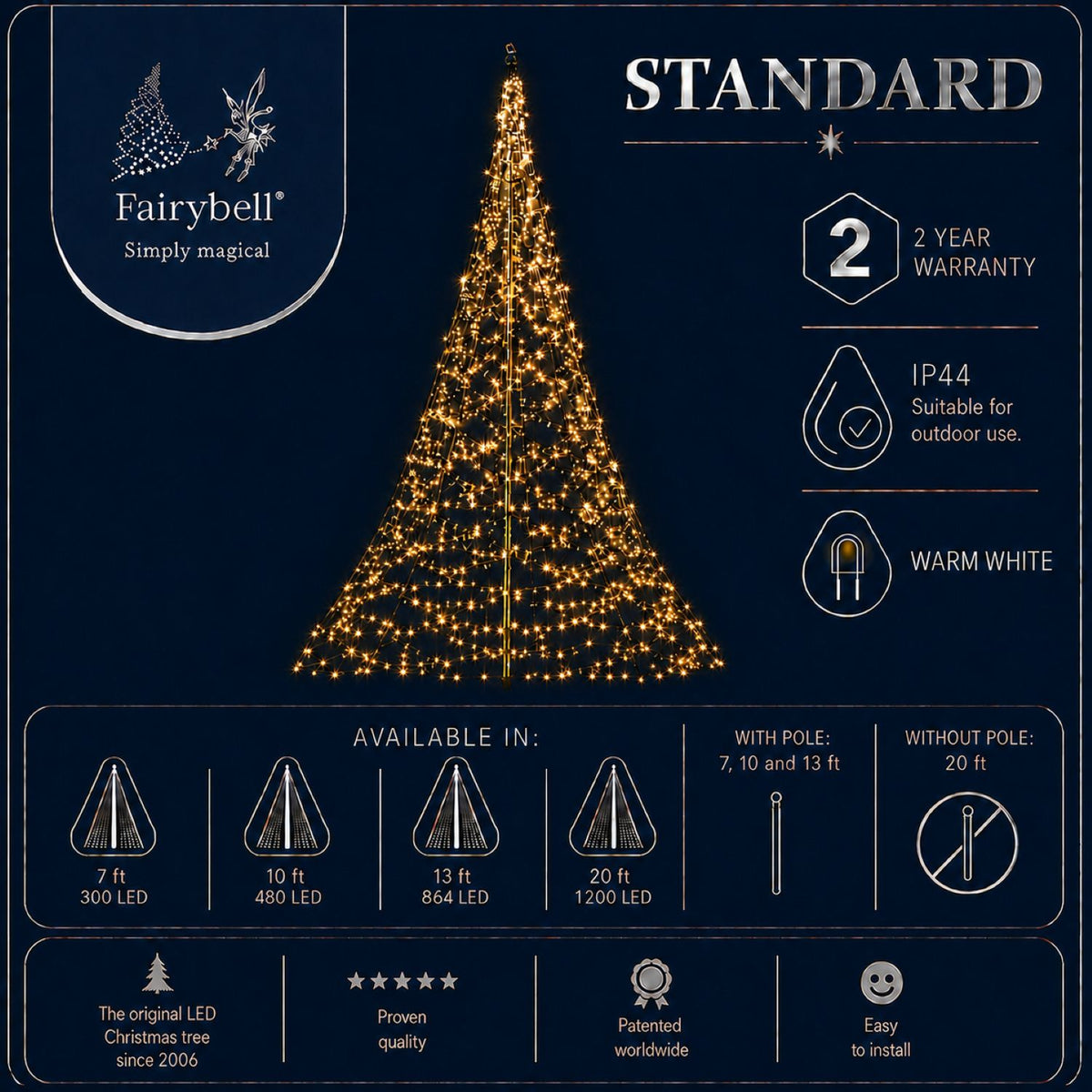 Fairybell Standard | 2 metros | 300 luces LED | Incluye mástil | Blanco cálido |