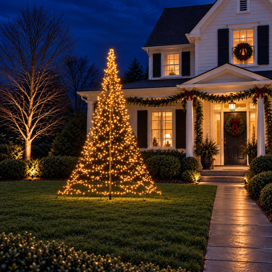Fairybell Premium 10ft outdoor LED Christmas tree with 576 LEDs in a yard