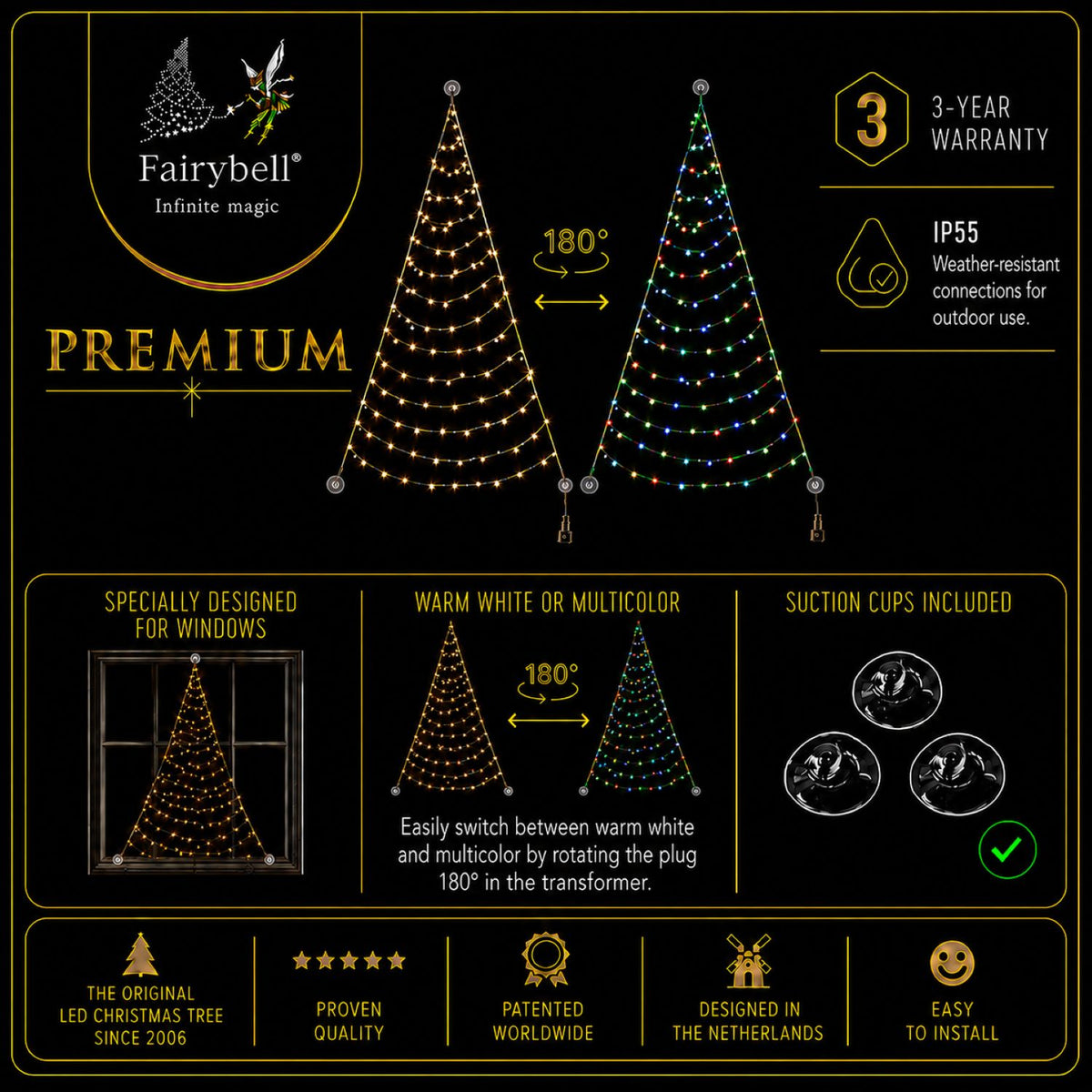 Fairybell Premium | Árbol de Navidad para Ventana | 1,25 metros | 64 luces LED | Luminous Switch |